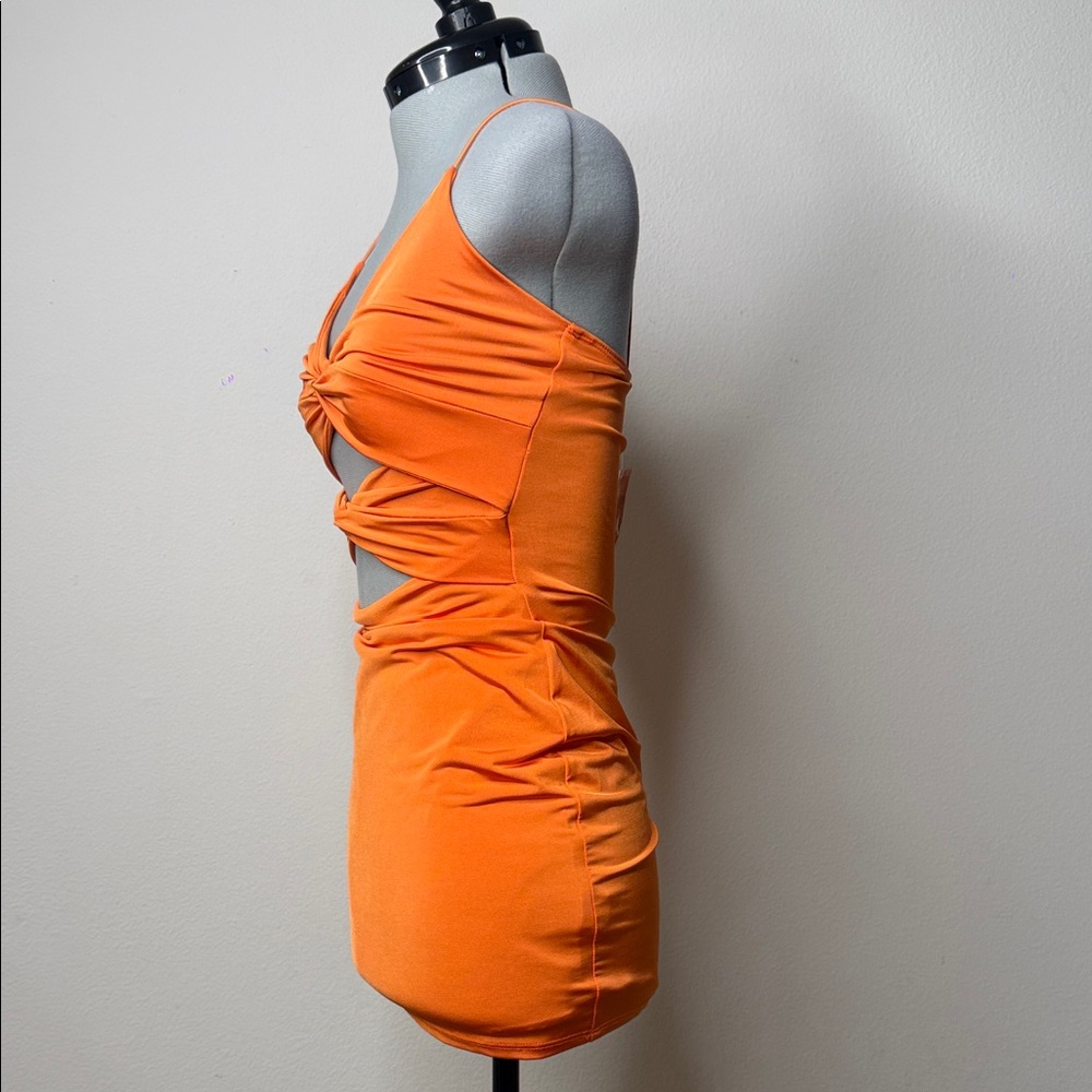 NWT Orange Cutout Twist Front Bodycon Mini Dress S - Picture 3 of 7